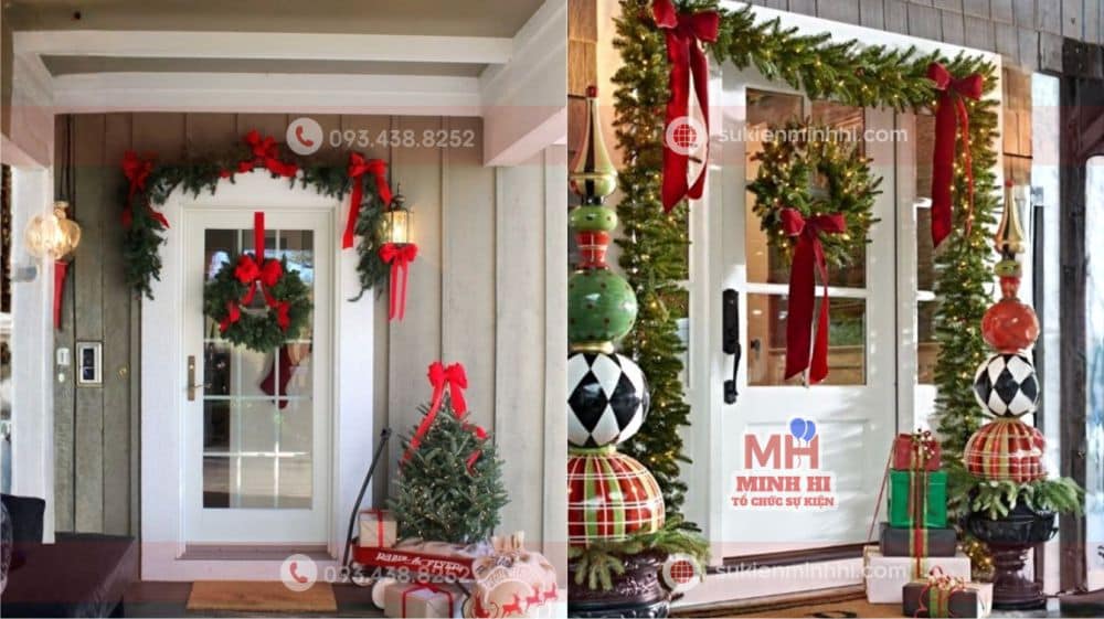 Gợi Ý Tưởng Decor Giáng Sinh Đơn Giản Tại Nhà – Đẹp, Ấm Áp Và Dễ Làm Ý tưởng decor giáng sinh cho cửa chính sử dụng vòng hoa nguyệt quế và nơ đỏ