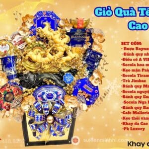 Giỏ quà tết biếu sếp cao cấp tone xanh dương sang trọng với phụ kiện phối theo tone màu