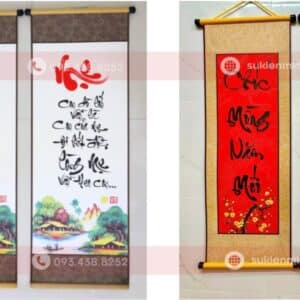 Liễn treo trang trí tết chữ thư pháp MH1 với nội dung mang nhiều ý nghĩa như cha mẹ, chúc mừng năm mới