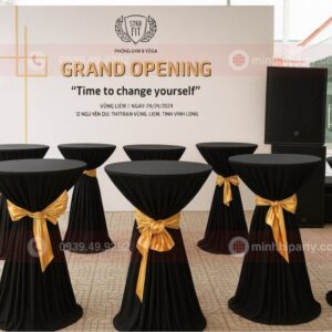 Thuê bàn bar sang trọng tại Sự Kiện Minh Hi với toen màu đen và nơ vàng theo yêu cầu riêng khách hàng cho sự kiện khai trương