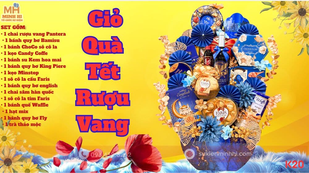 Giỏ Quà Tết Rượu Vang – Sang Trọng, Cao Cấp, Thích Hợp Biếu Dịp Tết Giỏ Quà Tết Rượu Vang tại Sự Kiện Minh Hi là sản phẩm được thiết kế sang trọng và thích hợp làm quà biếu dịp tết
