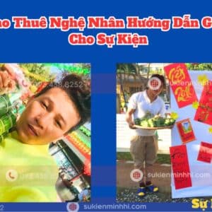 Nghệ nhân hướng dẫn gói bánh tét tại sự kiện với trang phục áo dài truyền thống