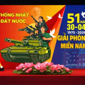 Decor background 30/4 kết hợp hoa tươi cho sự kiện 2026