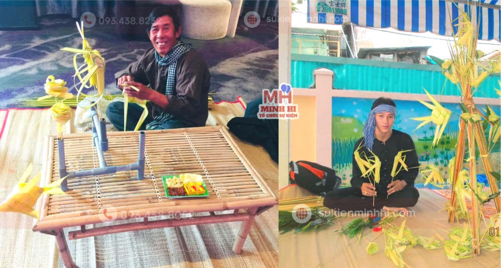 Nghệ nhân thắt lá dừa tại sự kiện với trang phục áo bà ba khăn gằn truyền thống