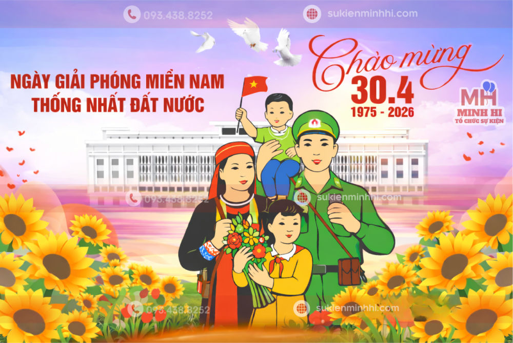 Trang trí backdrop 30/4 chủ đề hoa văn truyền thống cho năm 2026