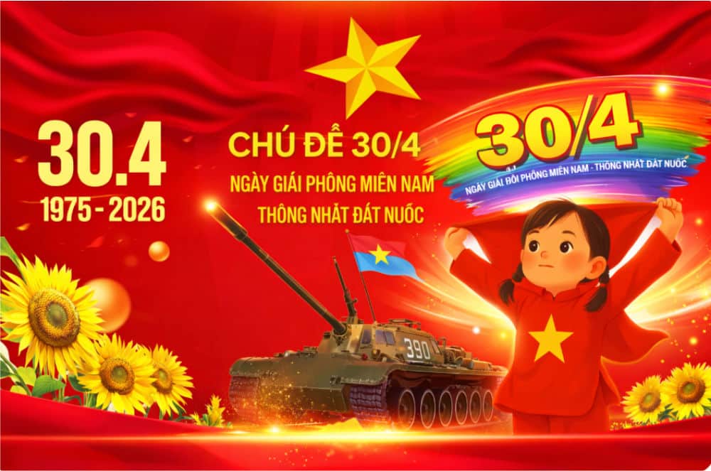 Mẫu backdrop trang trí 30/4 mang phong cách retro cho năm 2026
