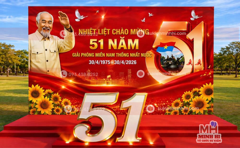 Trang trí 30/4 thiết kế hiện đại với số 3D kết hợp đèn LED