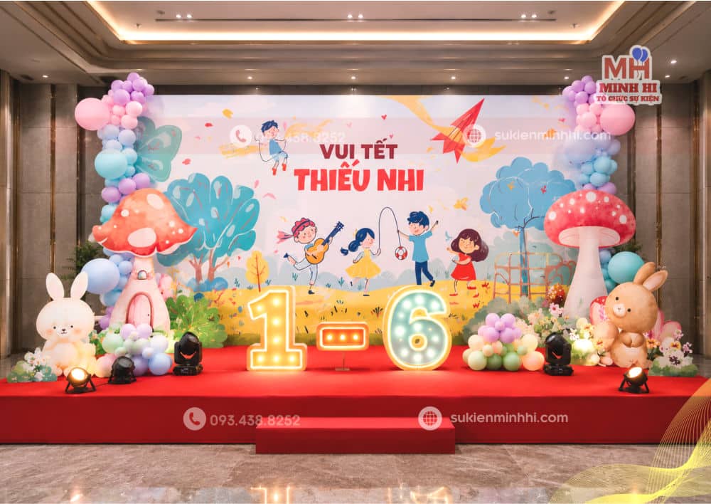 100+ Mẫu Phông Trang Trí 1/6 Đẹp Cho Trường Mầm Non Trang trí 1/6 với phông nền kết hợp đèn LED