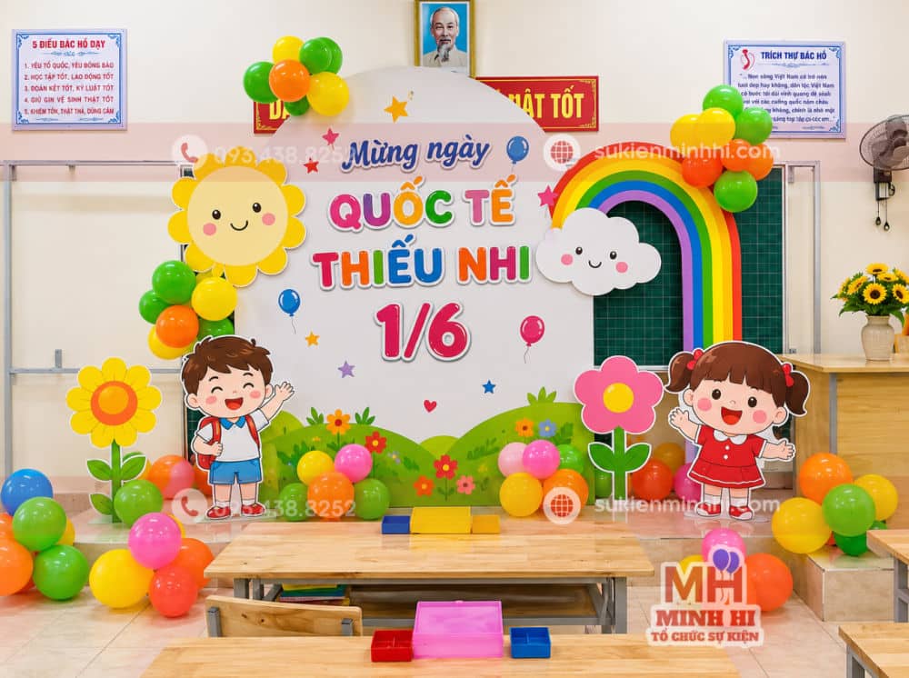 Trang trí 1/6 cho lớp học với backdrop kết hợp chibi bé