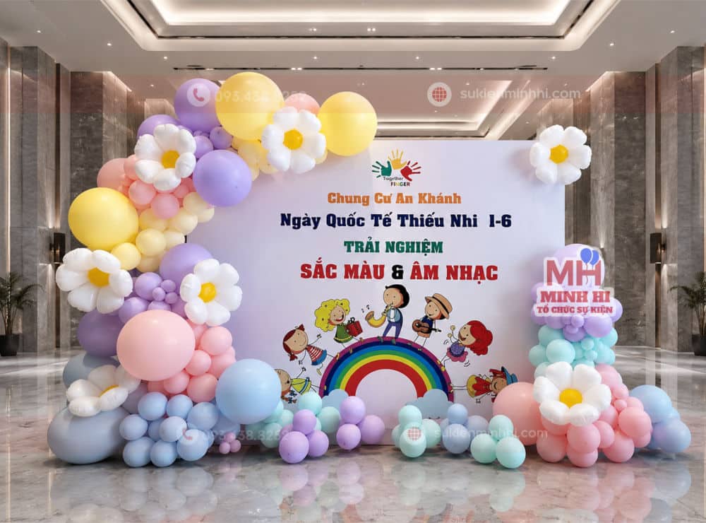 100+ Mẫu Phông Trang Trí 1/6 Đẹp Cho Trường Mầm Non Trang trí 1/6 với phông nền kết hợp bong bóng nghệ thuật