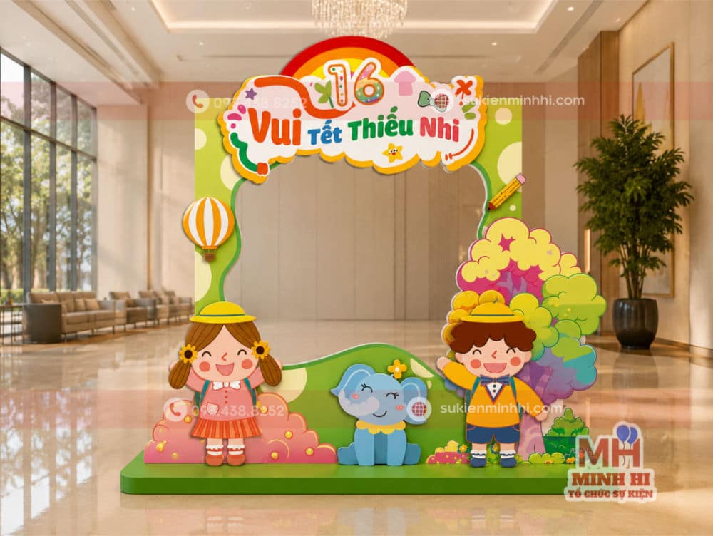 Dịch Vụ Trang Trí 1/6 Chuyên Nghiệp Tại TP.HCM – Đẹp Sáng Tạo, Thi Công Trọn Gói Trang trí photobooth cho quốc tế thiếu nhi 1/6 với khung checkin ý tưởng hiện đại