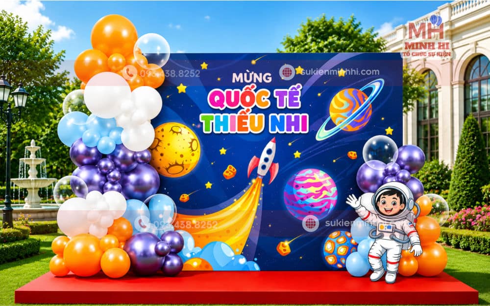 Trang trí quốc tế thiếu 1/6 với backdrop theo chủ đề