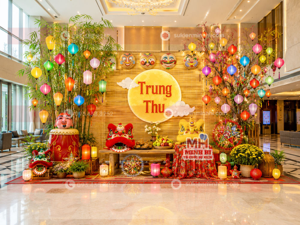Trang trí tiểu cảnh trung thu cho chung cư với lồng đèn nhiều màu
