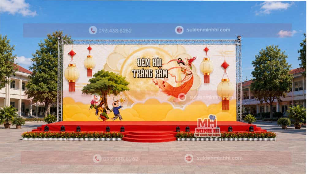 Dịch Vụ Trang Trí Sân Khấu Trung Thu Chuyên Nghiệp Theo Yêu Cầu Trang trí backdrop sân khấu trung thu ngoài trời tone vàng