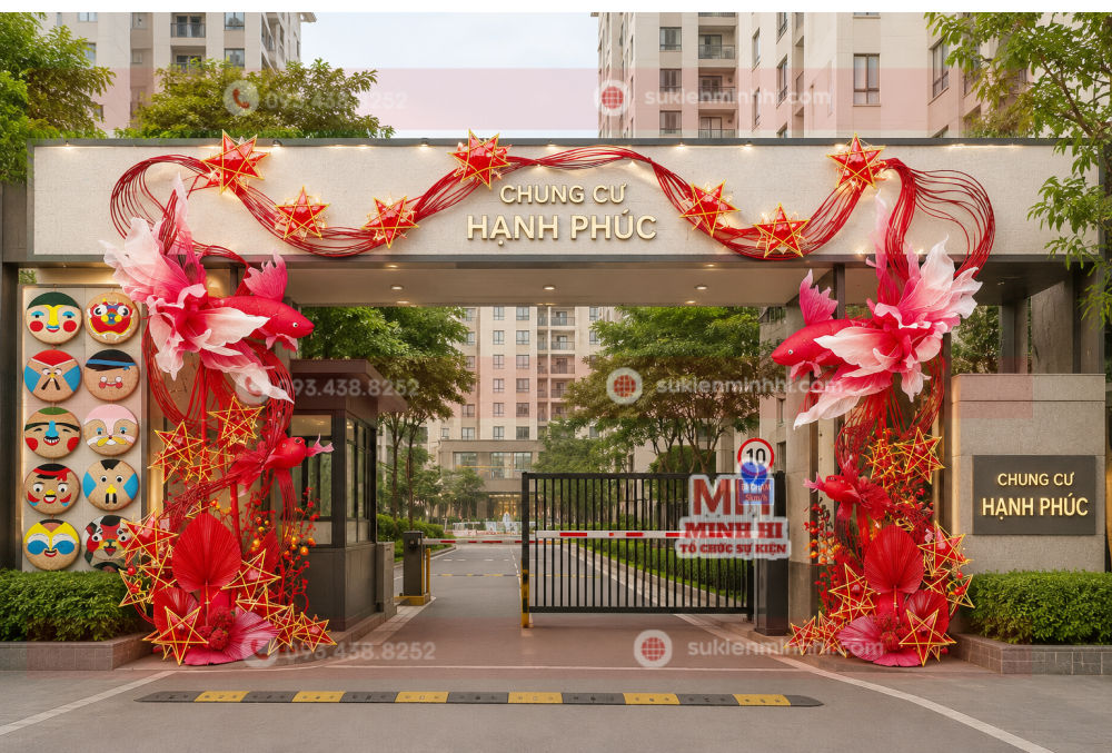 Trang Trí Cổng Chào Trung Thu Cho Chung Cư Đẹp, Ấn Tượng Theo Yêu Cầu Trang trí cổng chào trung thu cho chung cư phong cách truyền thống với tone đỏ