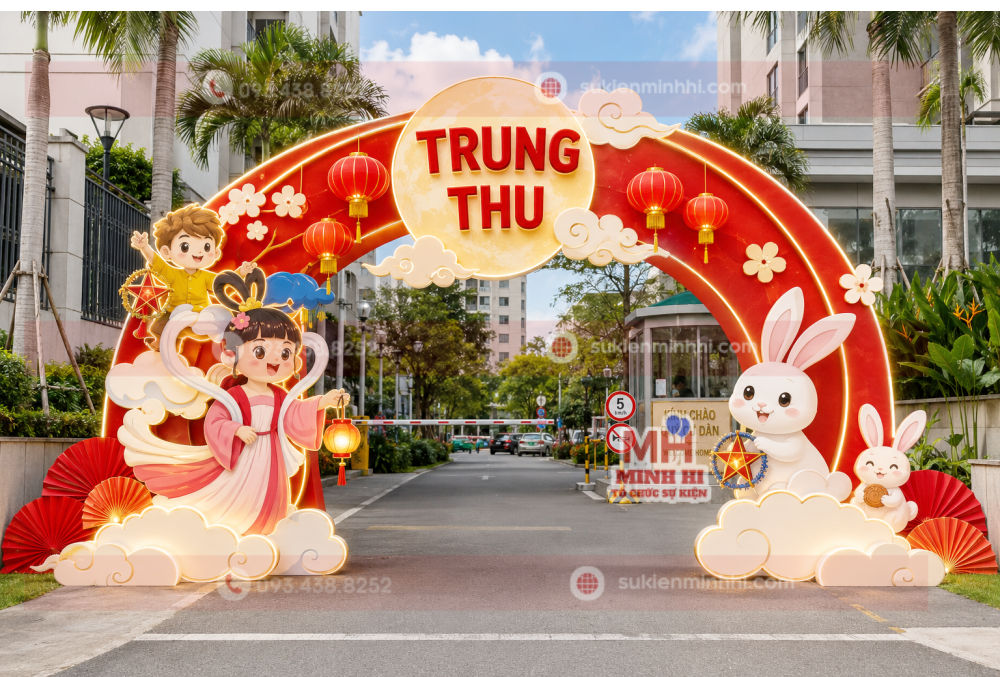 Mẫu trang trí cổng chào trung thu cho chung cư khu vực lối đi vào