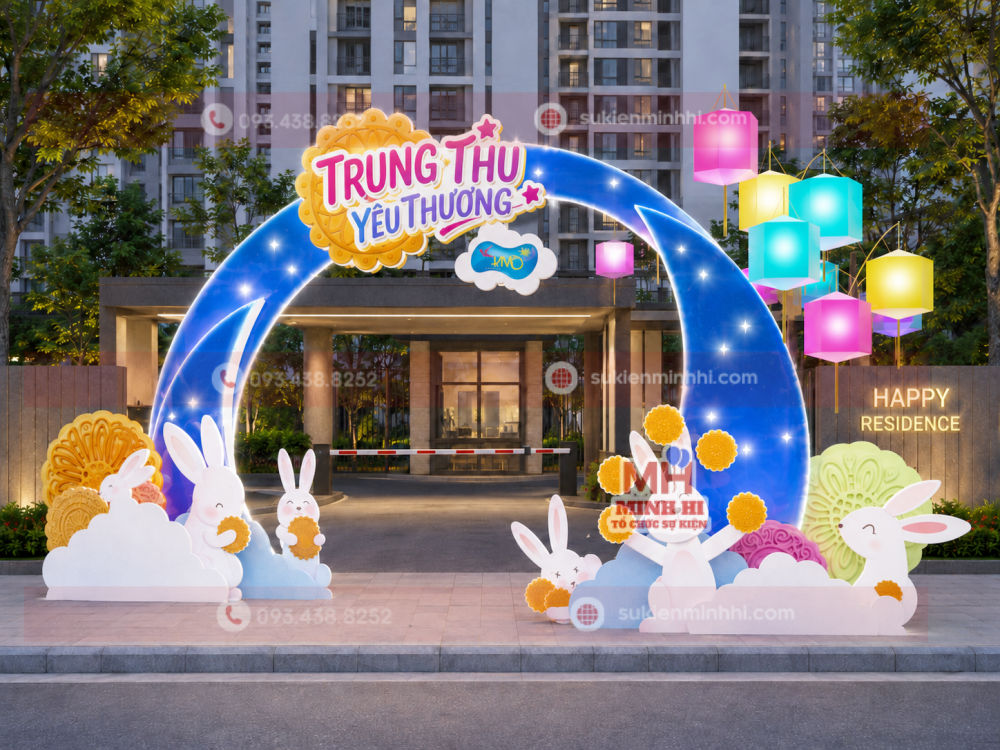 Trang Trí Cổng Chào Trung Thu Cho Chung Cư Đẹp, Ấn Tượng Theo Yêu Cầu Trang trí cổng chào trung thu hiện đại cho chung cư với thiết kế thỏ trắng