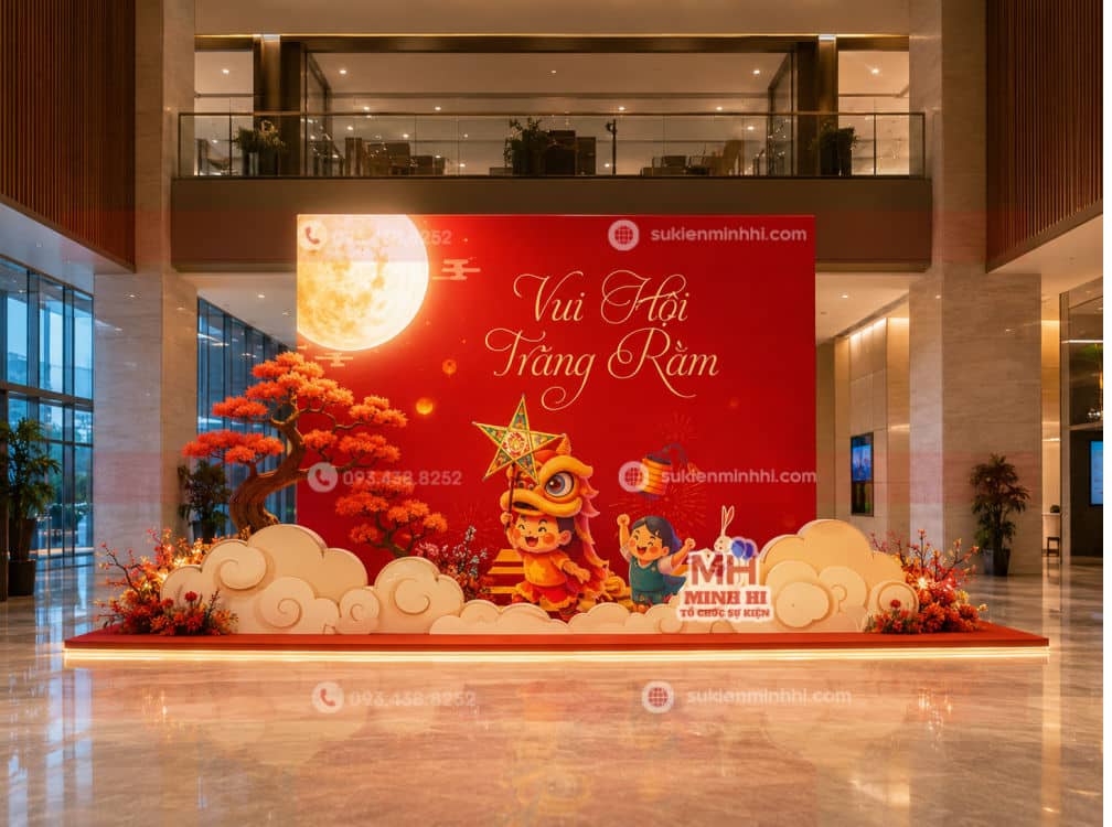 Dịch Vụ Trang Trí Sân Khấu Trung Thu Chuyên Nghiệp Theo Yêu Cầu Decor sân khấu trung thu cho công ty ở khu vực sảnh lớn