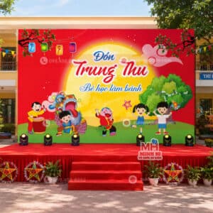 Dịch Vụ Trang Trí Sân Khấu Trung Thu Chuyên Nghiệp Theo Yêu Cầu Trang trí sân khấu trung thu cho trường học tone đỏ nổi bật