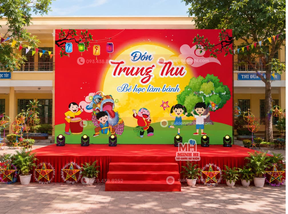 Dịch Vụ Trang Trí Sân Khấu Trung Thu Chuyên Nghiệp Theo Yêu Cầu Trang trí sân khấu trung thu cho trường học tone đỏ nổi bật