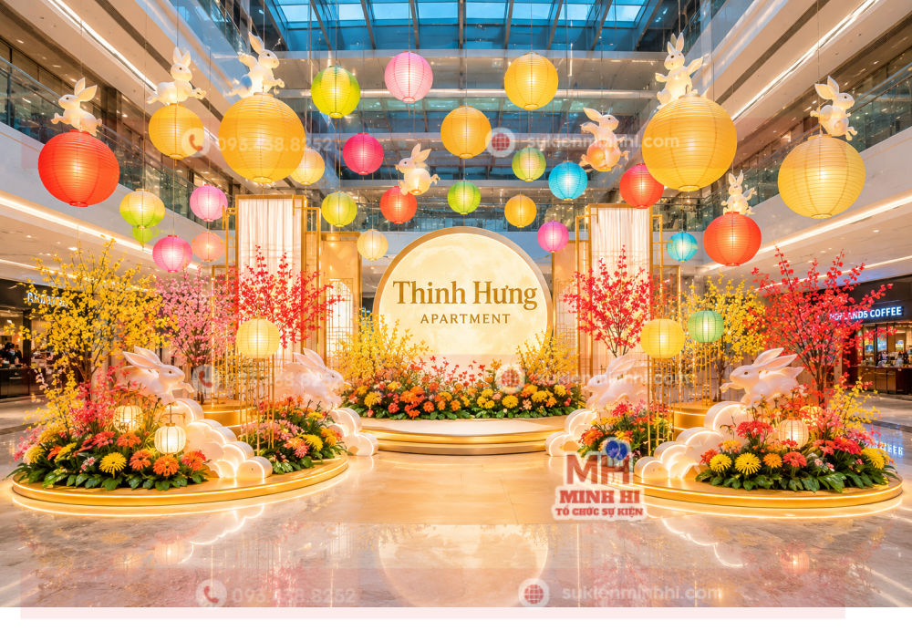 Trang trí tiểu cảnh trung thu cho chung cư với lồng đèn và nhận diện thương hiệu