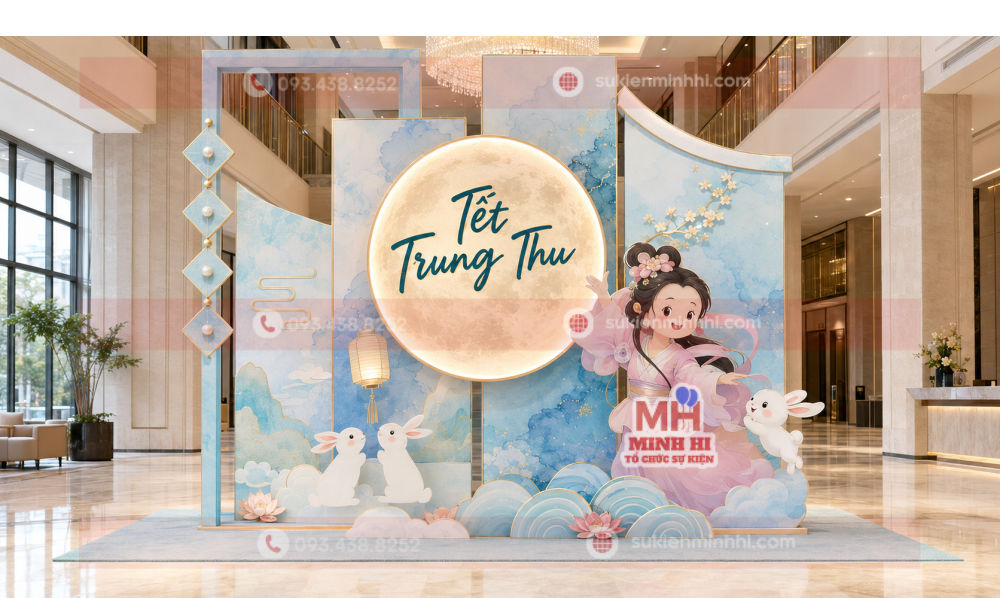 Trang trí tiểu cảnh trung thu cho khu vực sảnh chung cư thiết kế theo xu hướng hiện đại với kinh nghiệm trang trí Trung Thu cho chung cư của Sự Kiện Minh Hi