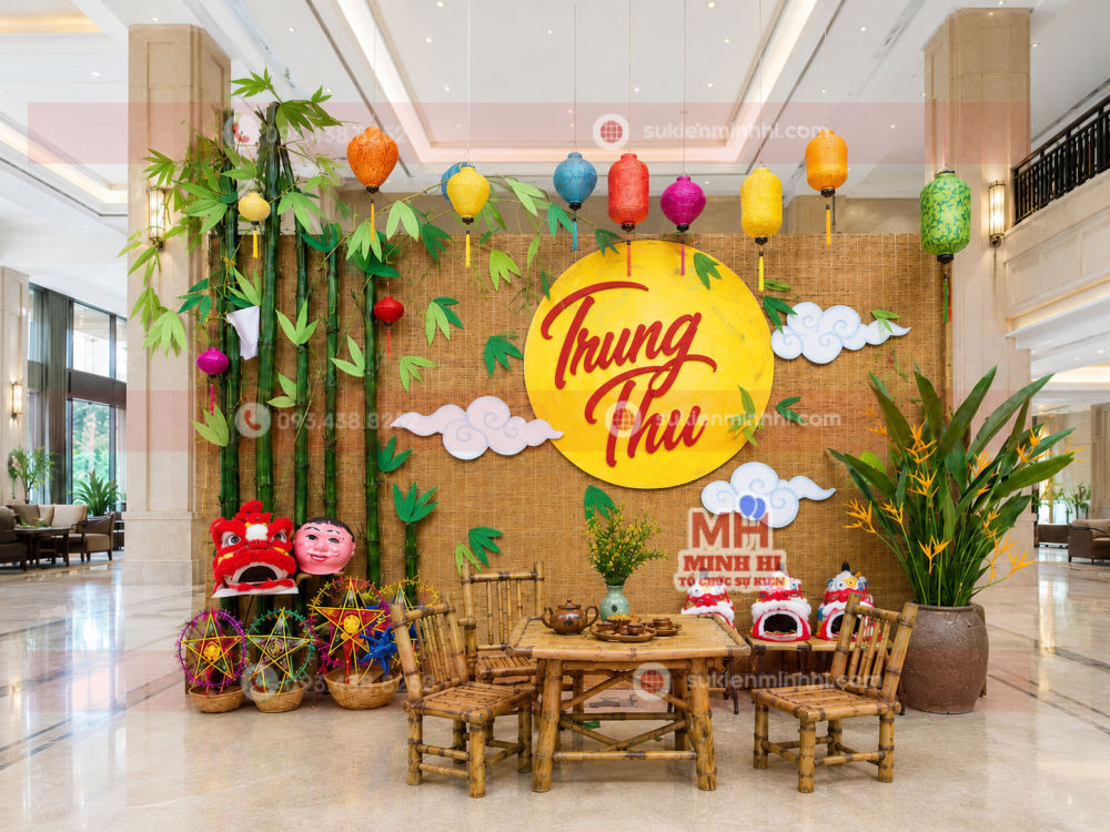 Trang trí tết trung thu truyền thống cho chung cư với tre và lồng đèn