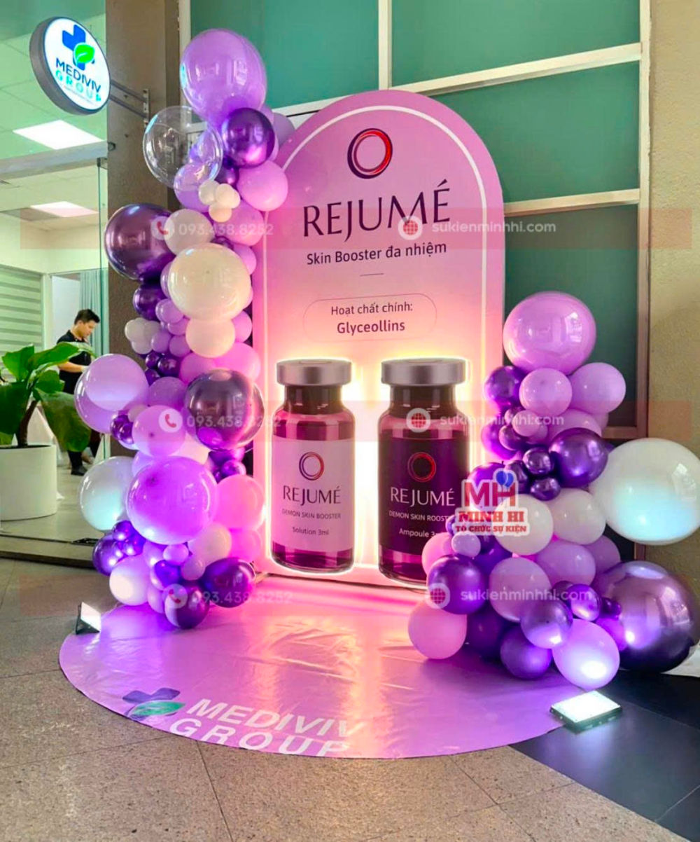 Trang Trí Lễ Ra Mắt Sản Phẩm Rejumé Với Mô Hình 3D Trang trí bong bóng ra mắt sản phẩm kết hợp ánh sáng hiện đại