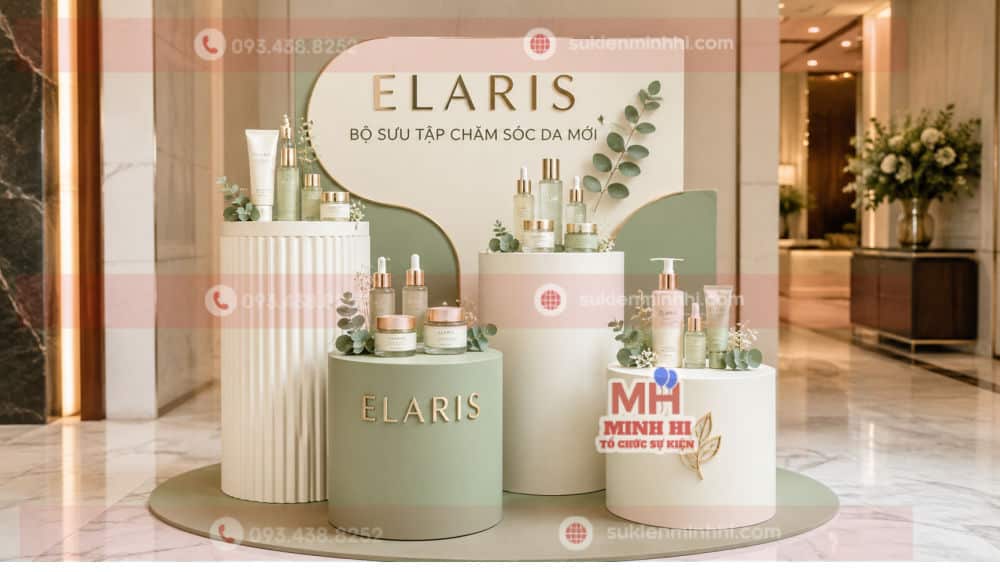 Top 10 Ý Tưởng Trang Trí Ra Mắt Sản Phẩm Ấn Tượng Nhất Bục trưng bày sản phẩm nhiều độ cao bằng MDF và formex cho mỹ phẩm ELARIS