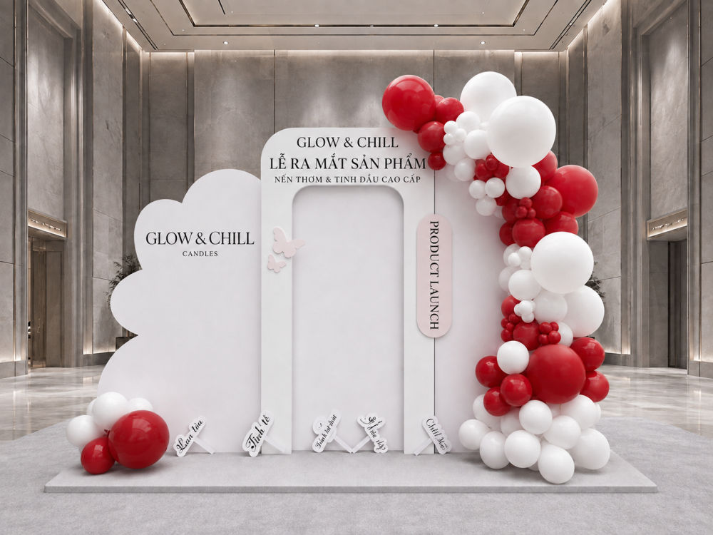 Thiết Kế Backdrop Ra Mắt Sản Phẩm Chuyên Nghiệp Thiết kế trang trí backdrop ra mắt sản phẩm với các chi tiết 3D nhiều lớp