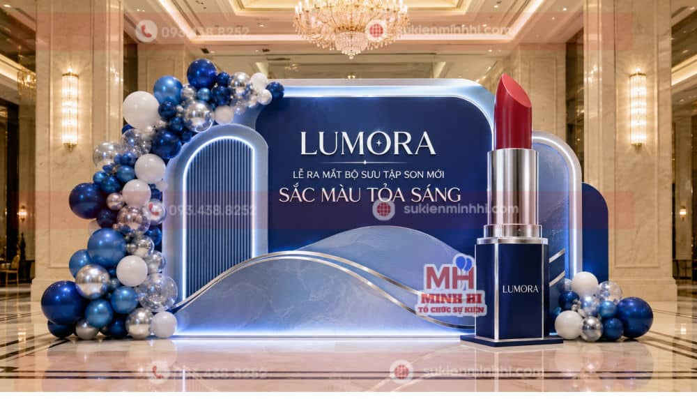 Top 10 Ý Tưởng Trang Trí Ra Mắt Sản Phẩm Ấn Tượng Nhất Trang Trí backdrop kết hợp mô hình cây son phóng lớn tại lễ ra mắt sản phẩm LUMORA