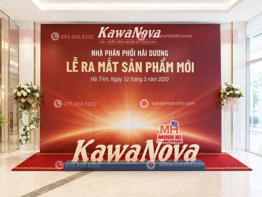 Top 10 Ý Tưởng Trang Trí Ra Mắt Sản Phẩm Ấn Tượng Nhất Backdrop lễ ra mắt sản phẩm mới KawaNova tại đại sảnh