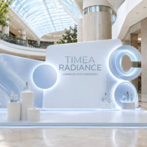 Thiết Kế Thi Công Booth Ra Mắt Sản Phẩm Theo Yêu Cầu Trang trí booth trưng bày sản phẩm với màu chủ đạo tone xanh nhạt