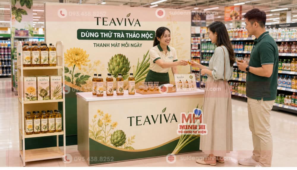 Top 10 Ý Tưởng Trang Trí Ra Mắt Sản Phẩm Ấn Tượng Nhất Decor góc sampling sản phẩm trà thảo mộc TEAVIVA với nhân viên mời khách dùng thử